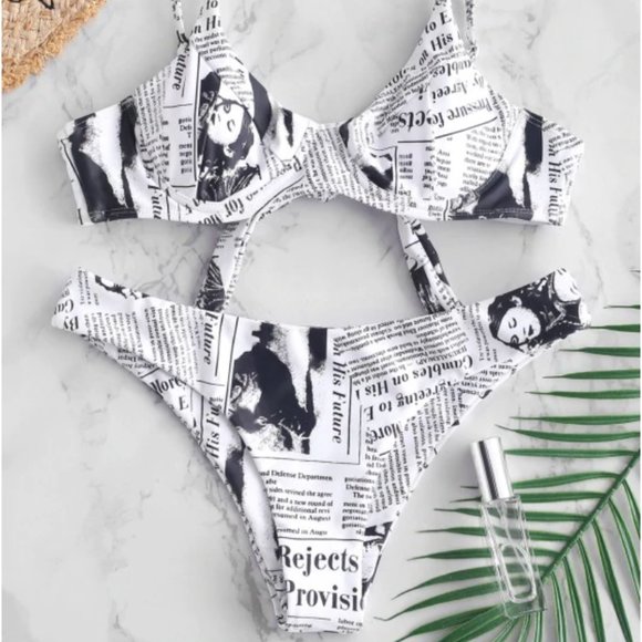 Zaful Other - ZAFUL Newspaper Print Underwire Bikini Top